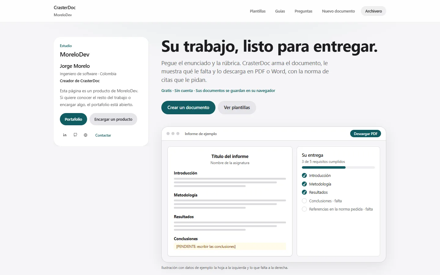 CrasterDoc: captura real de la página de inicio
