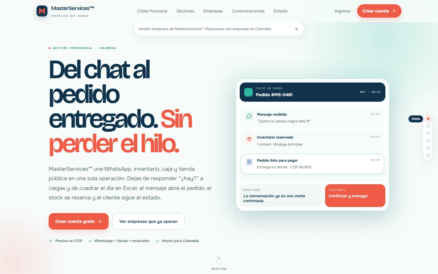 MasterServices™: captura real de la página de inicio